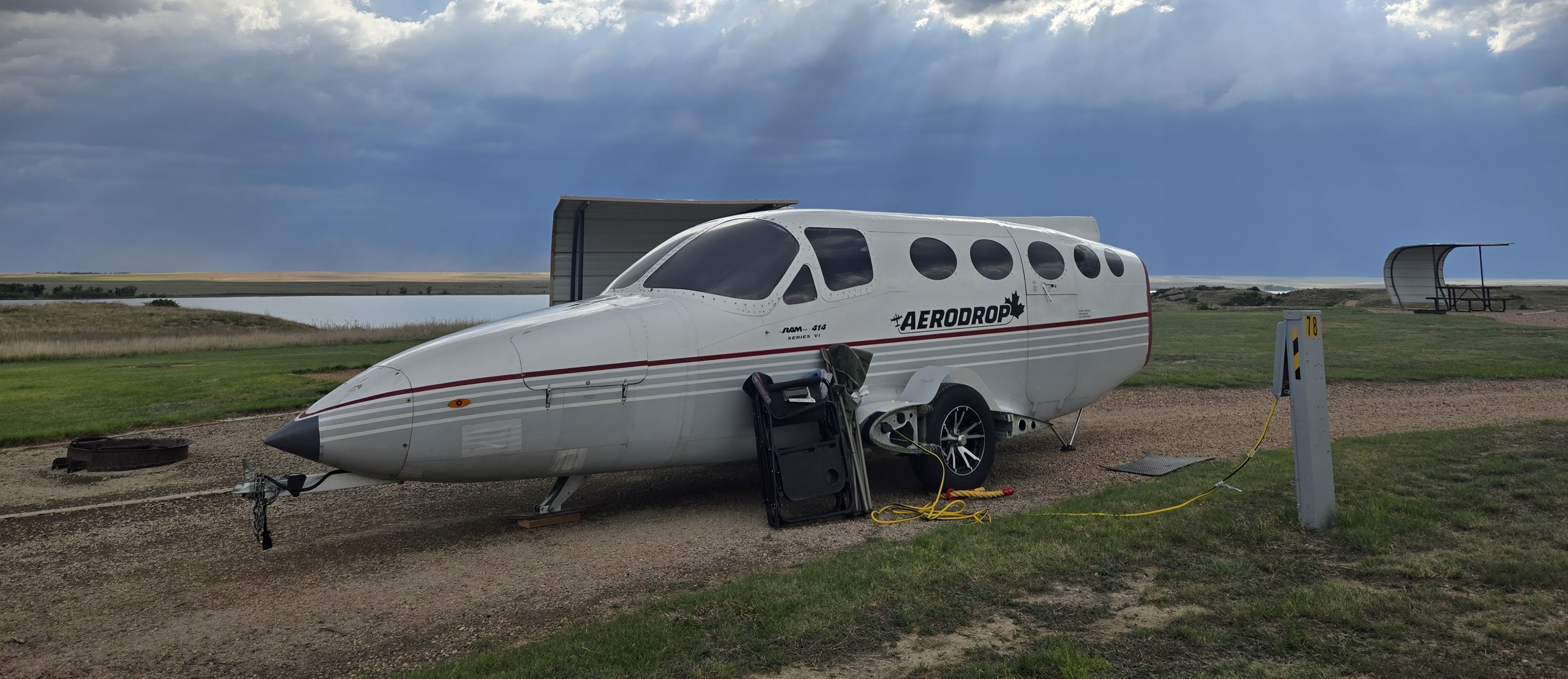 Aerodrop Cessna 414 fuselage camper parked at a campsite